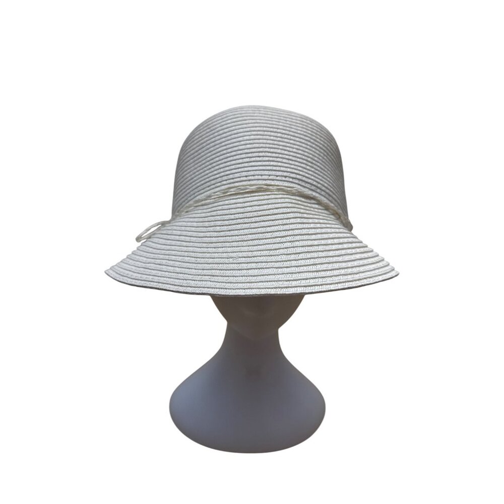 Preston & York Womens White Woven Cloche Hat With Decorative Bow Accent
